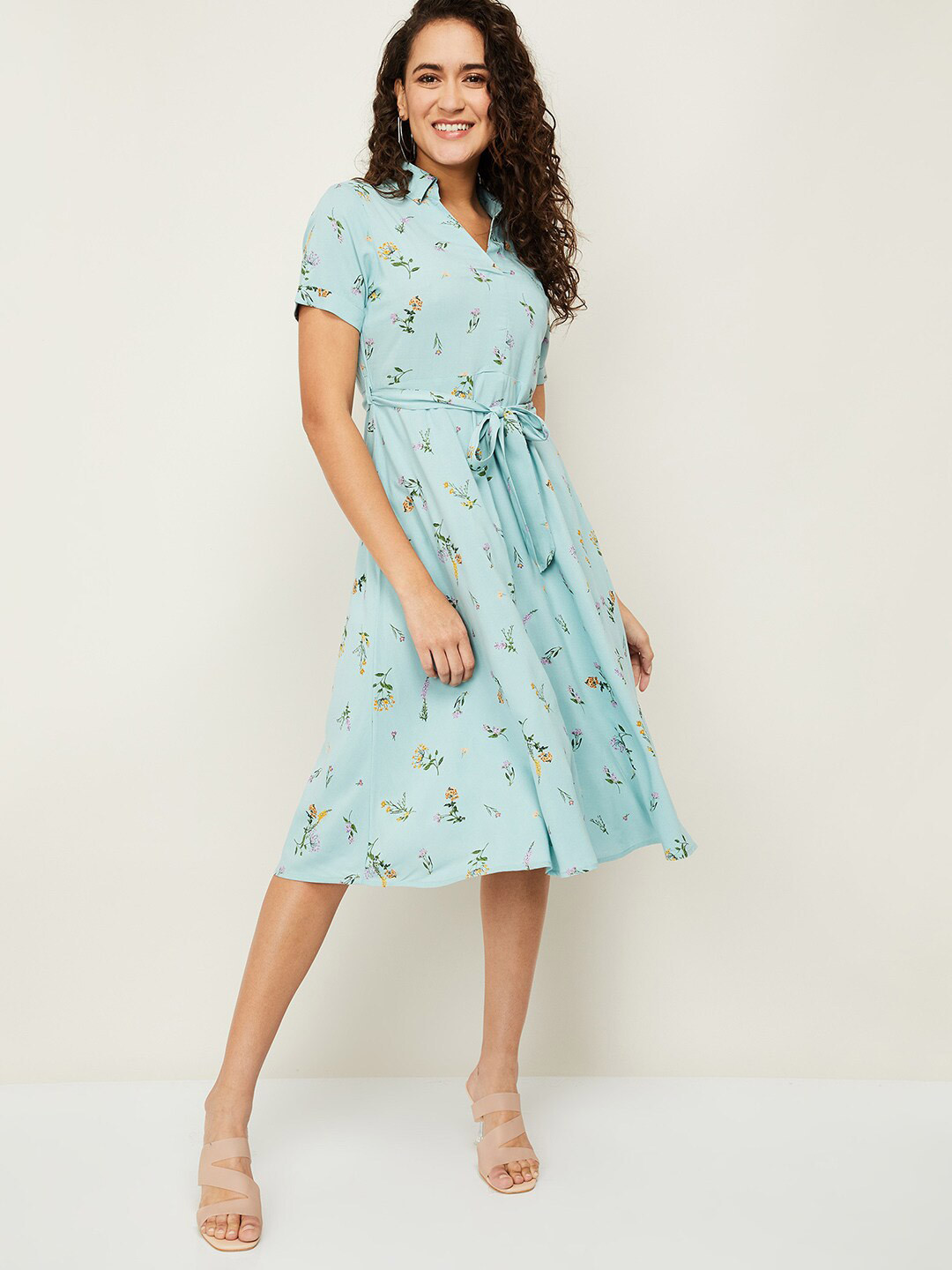 

CODE by Lifestyle Blue & Yellow Floral Belted Shirt Dress