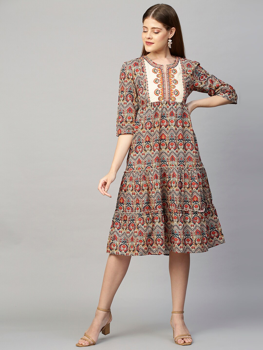 

FASHOR Cream-Coloured & Blue Tribal Printed Embroidered Midi Dress