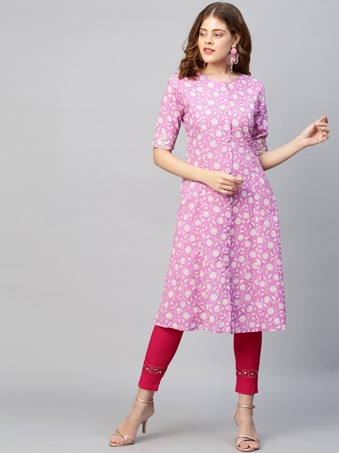 

FASHOR Women Pink Floral Printed Thread Work Cotton Kurta