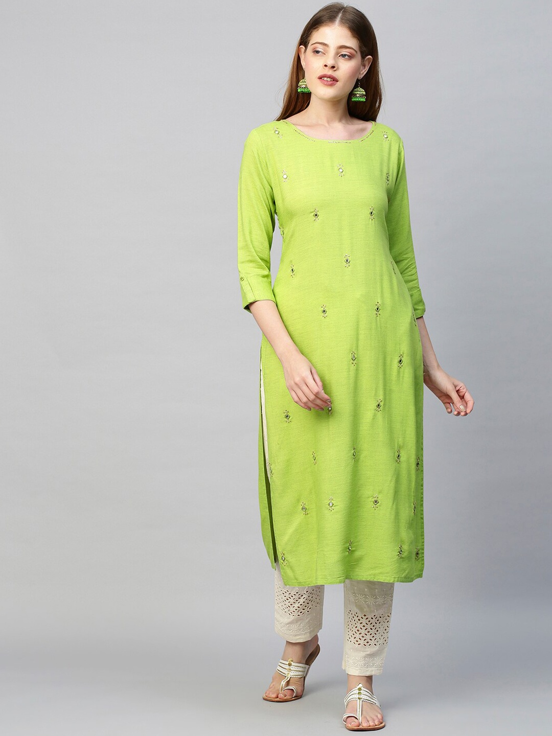 

FASHOR Women Lime Green Ethnic Motifs Embroidered Mirror Work Kurta