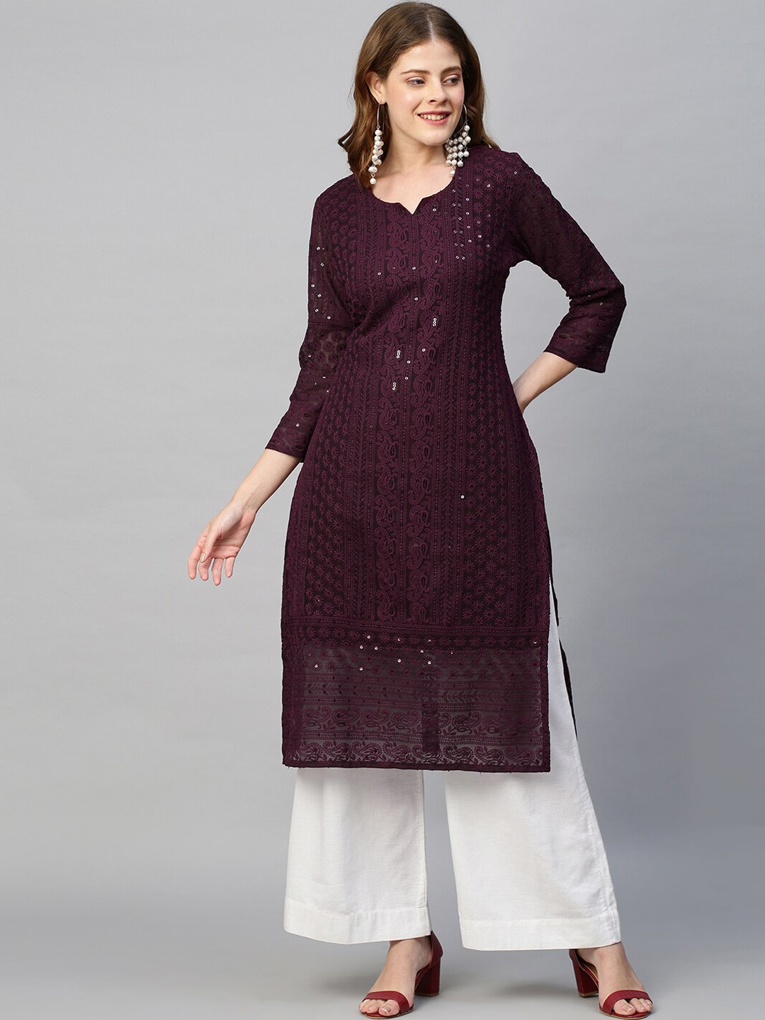 

FASHOR Women Purple Embroidered Thread Work Georgette Kurta