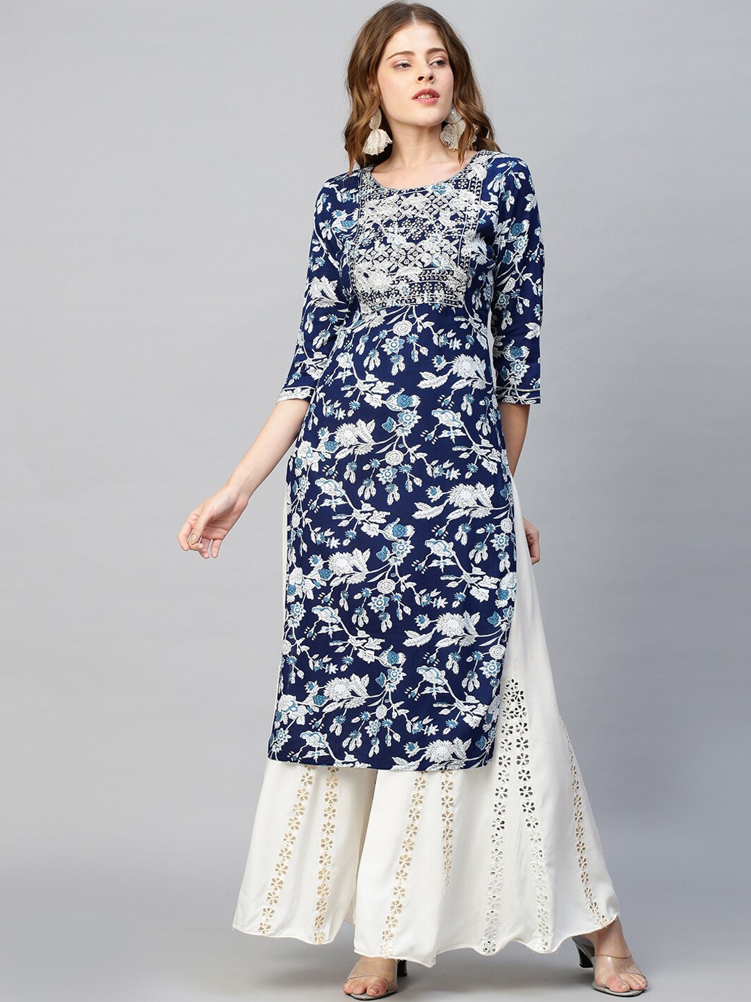 FASHOR Women Blue Printed Flared Sleeves Mirror Work Kurta