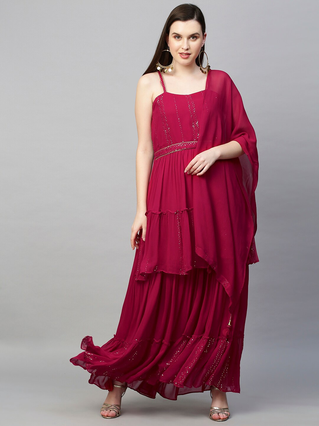 

FASHOR Fuchsia Pink Embellished Belted Georgette Maxi Dress with Dupatta