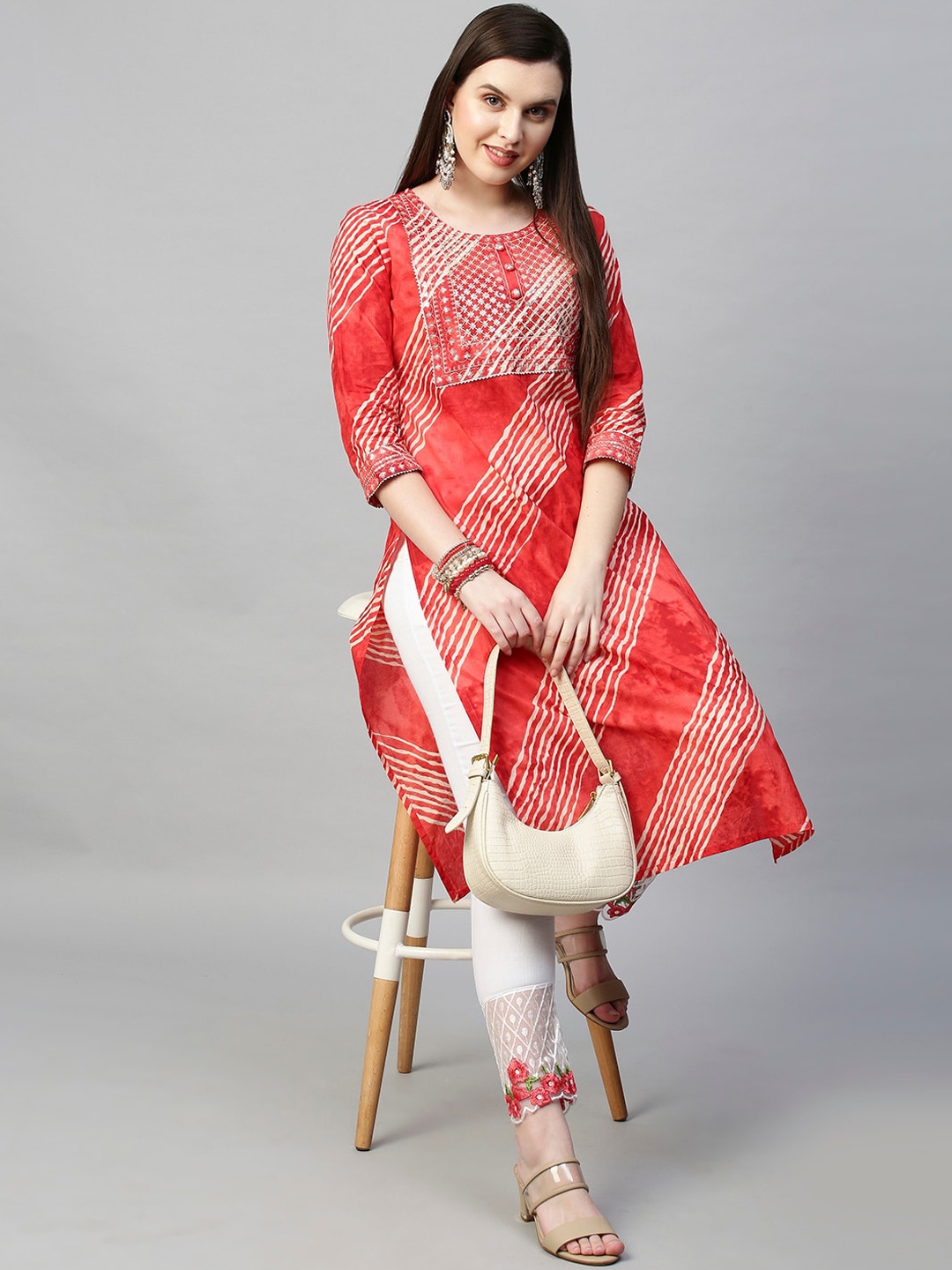 

FASHOR Women Red Embroidered Leheriya Printed Straight Kurta