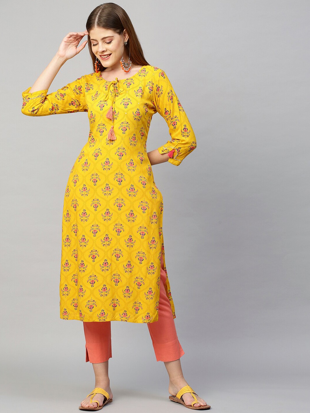 

FASHOR Women Yellow & Pink Ethnic Motifs Printed Kurta
