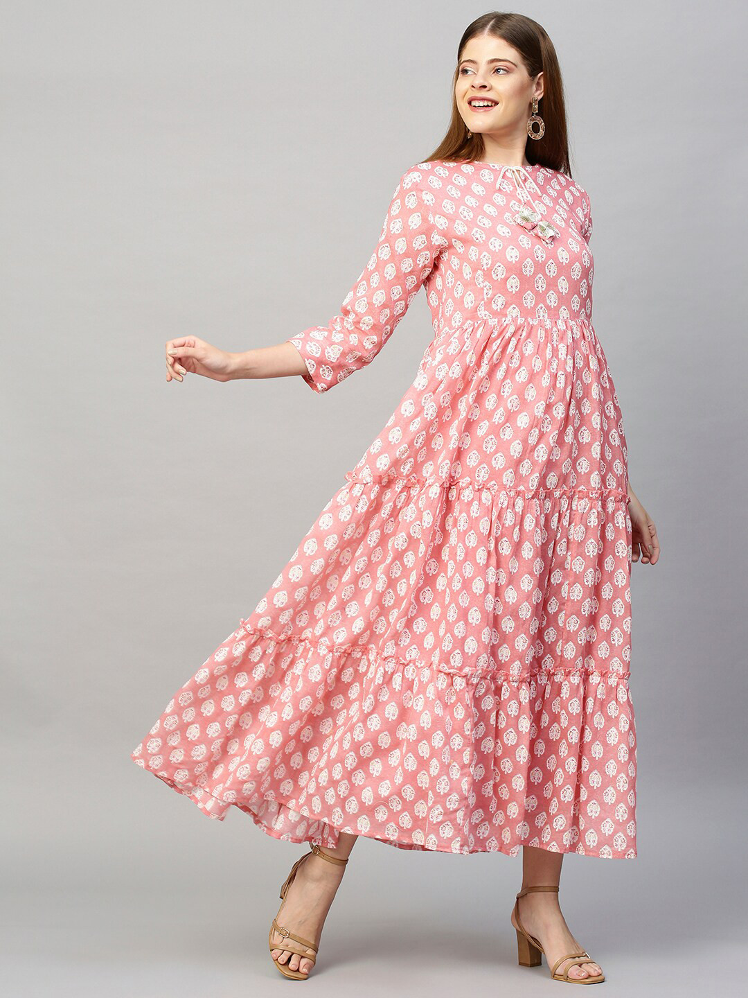 

FASHOR Women Pink Ethnic Motifs Printed Tie-Up Neck Cotton Ethnic Maxi Dress