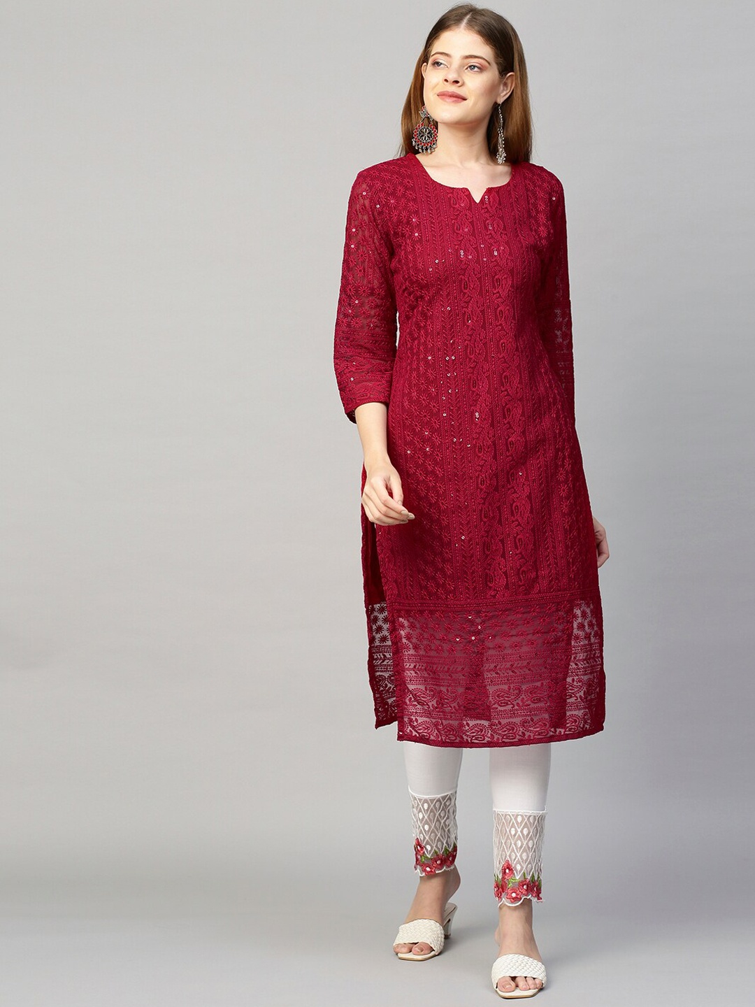 

FASHOR Women Red Ethnic Motifs Embroidered Keyhole Neck Chikankari Georgette Kurta