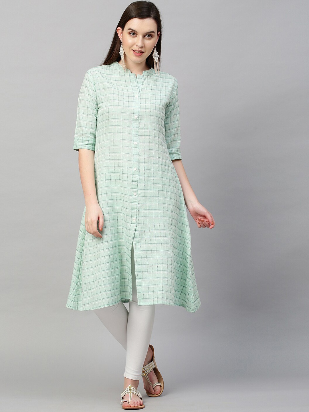 

FASHOR Women Green Geometric Checked Thread Work Kurta