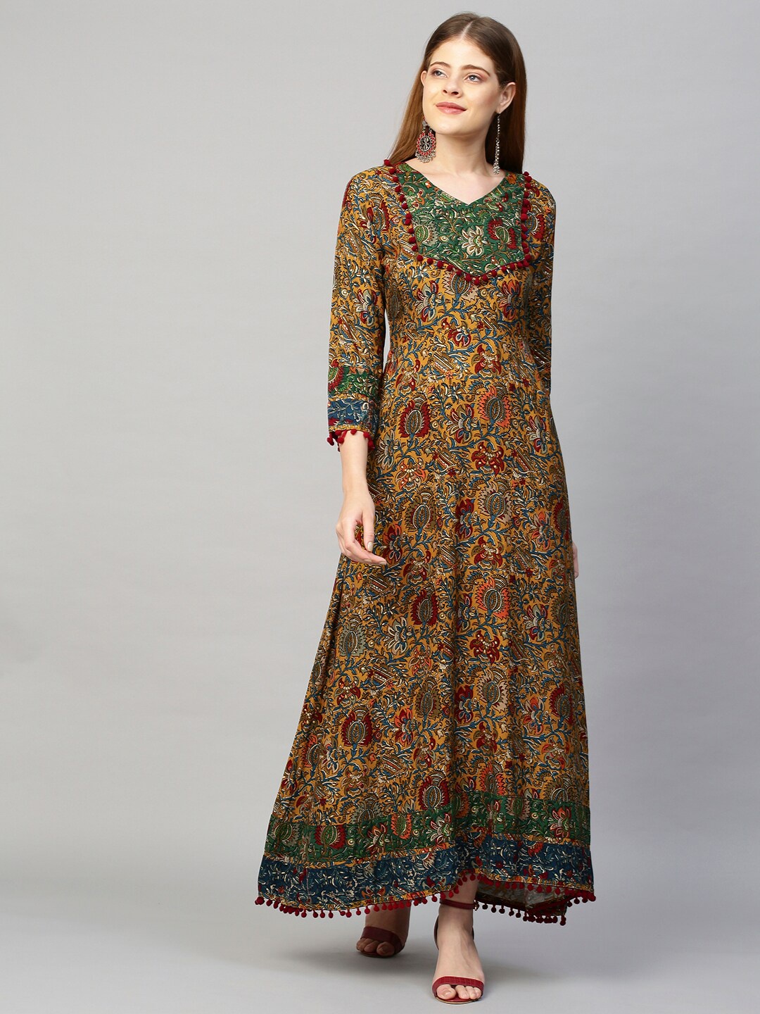 

FASHOR Mustard Yellow & Blue Ethnic Motifs Printed Maxi Dress