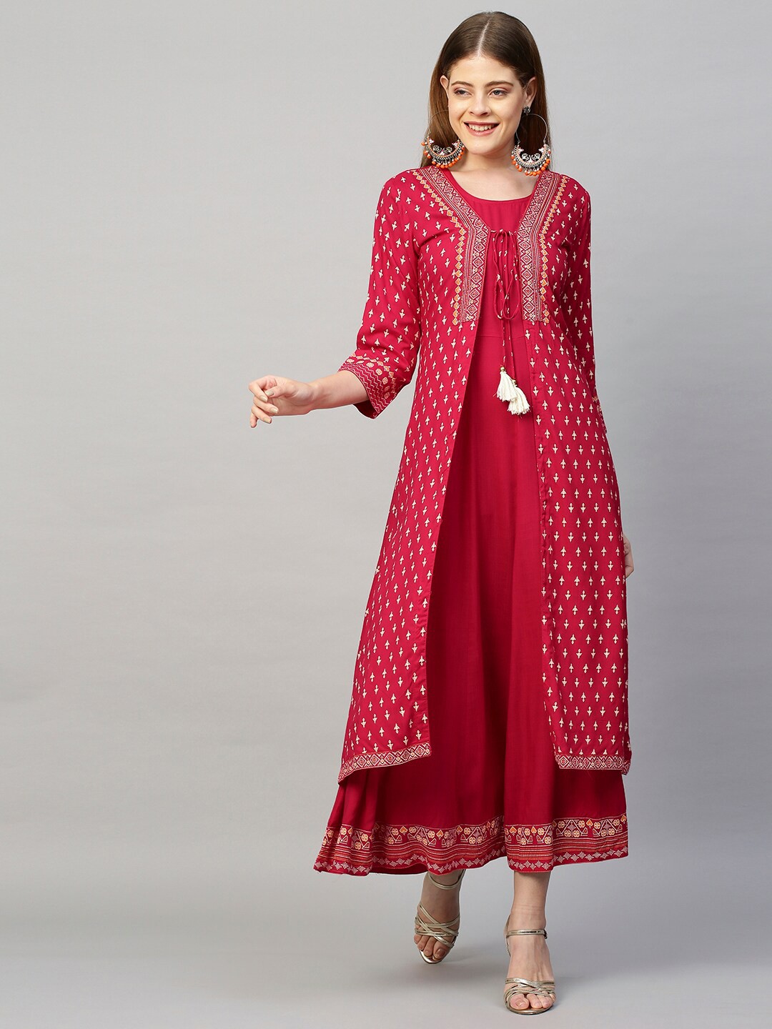 

FASHOR Pink Ethnic A-Line Ethnic Khari Printed Dress with Flared Jacket