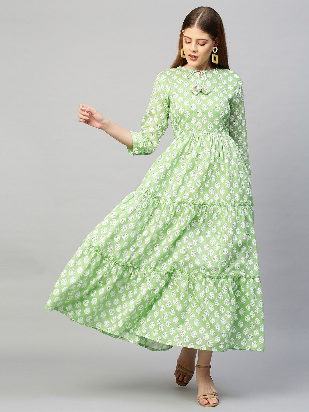 

FASHOR Women Lime Green Ethnic Motifs Printed Cotton Maxi Dress