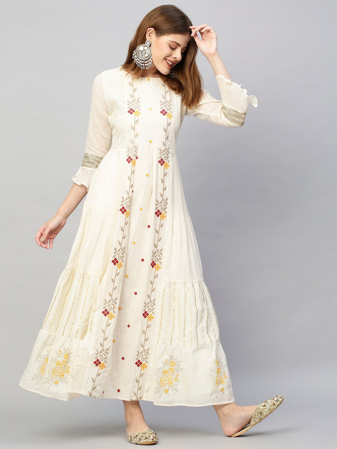 

FASHOR Off White & Red Ethnic Motifs Embroidered Tiered Ethnic Maxi Dress