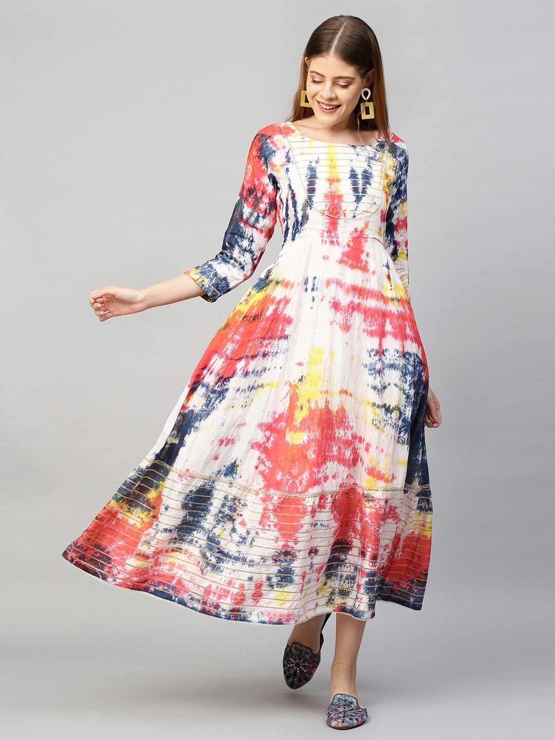 

FASHOR White & Blue Tie and Dye Chanderi Silk Maxi Dress
