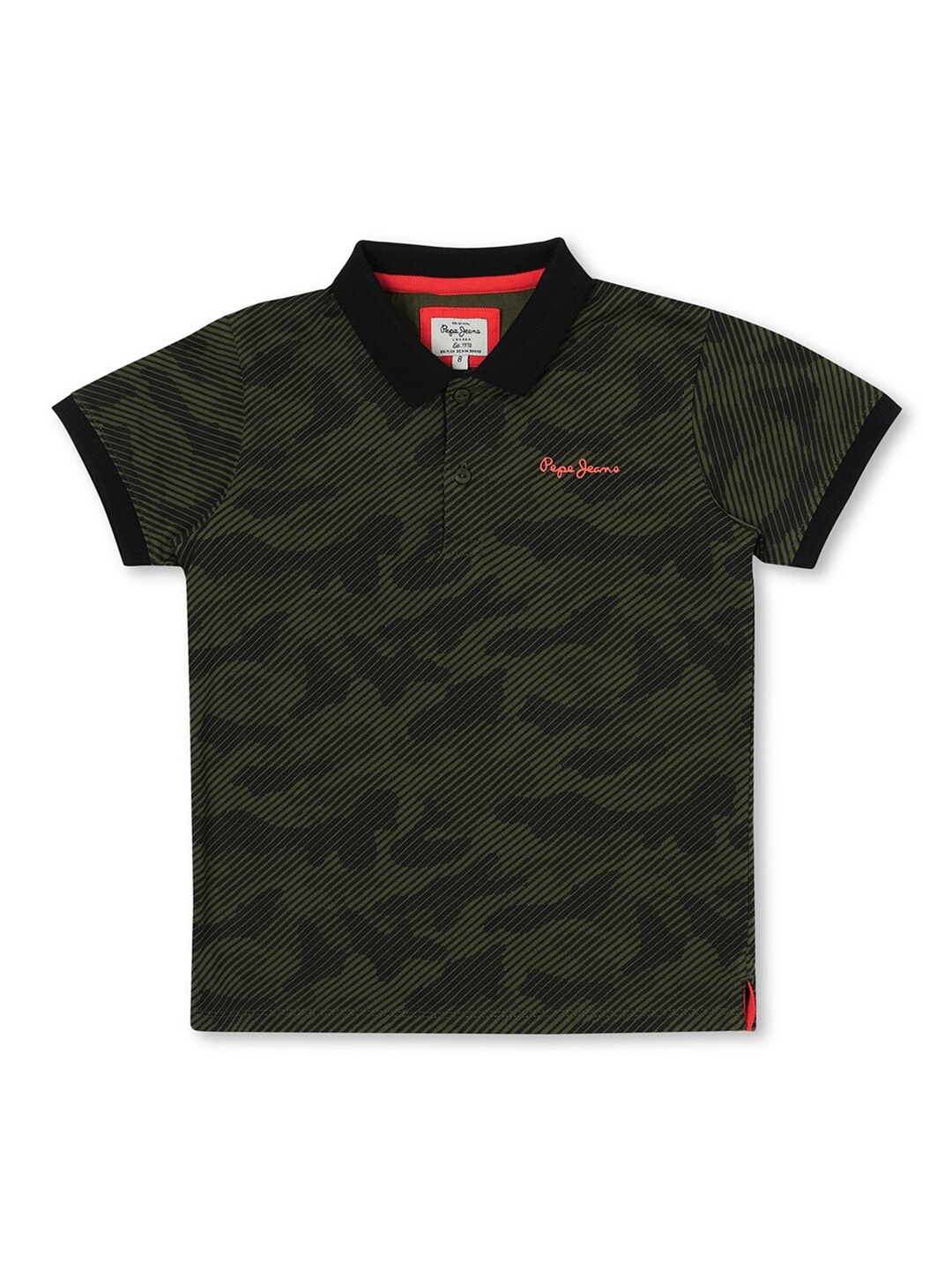 

Pepe Jeans Boys Olive Green Camouflage Printed Polo Collar Cotton T-shirt
