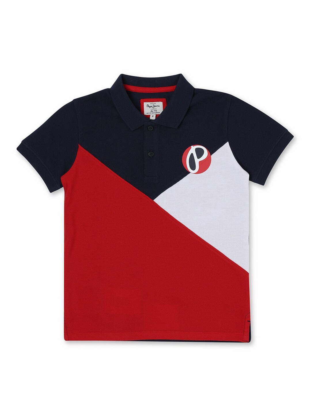 

Pepe Jeans Boys Navy Blue & Red Colourblocked Polo Collar Cotton T-shirt