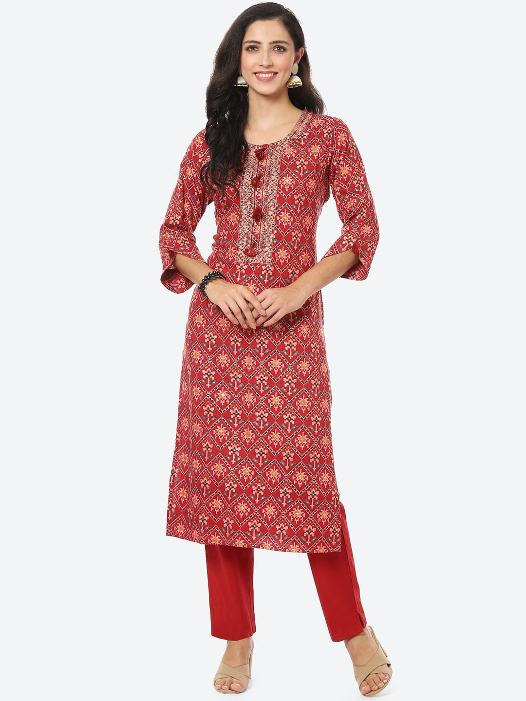 

Meena Bazaar Red Printed Pure Cotton Kurta with Trousers