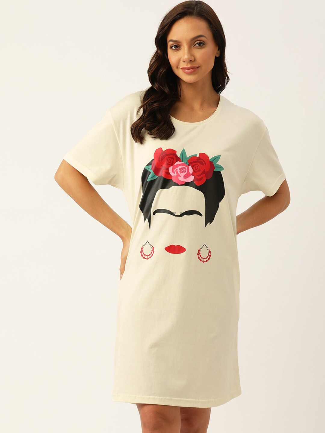 

Nite Flite Women Cream-Coloured Oversized Cotton Printed Nightdress