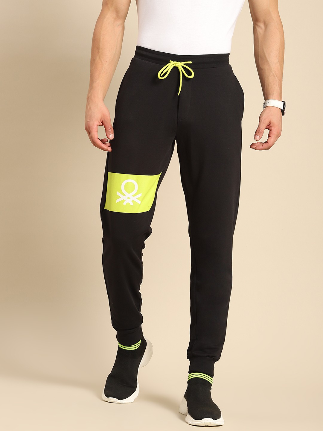 

United Colors of Benetton Men Black & Lime Green Colourblocked Joggers