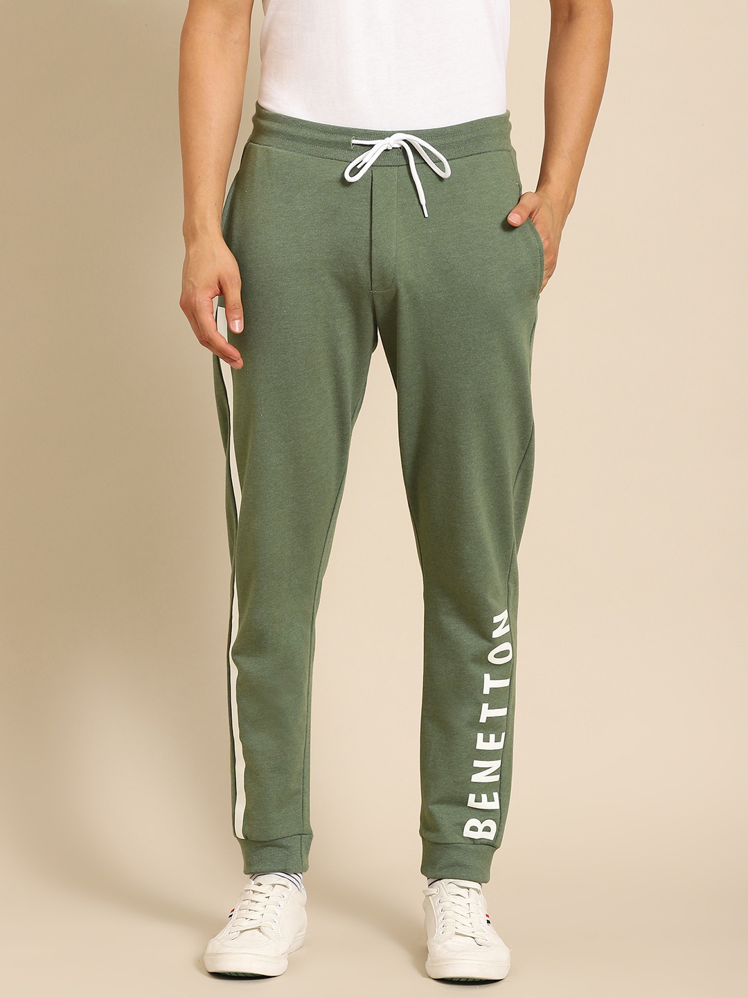 

United Colors of Benetton Men Olive Green Brand Logo Side Print Joggers