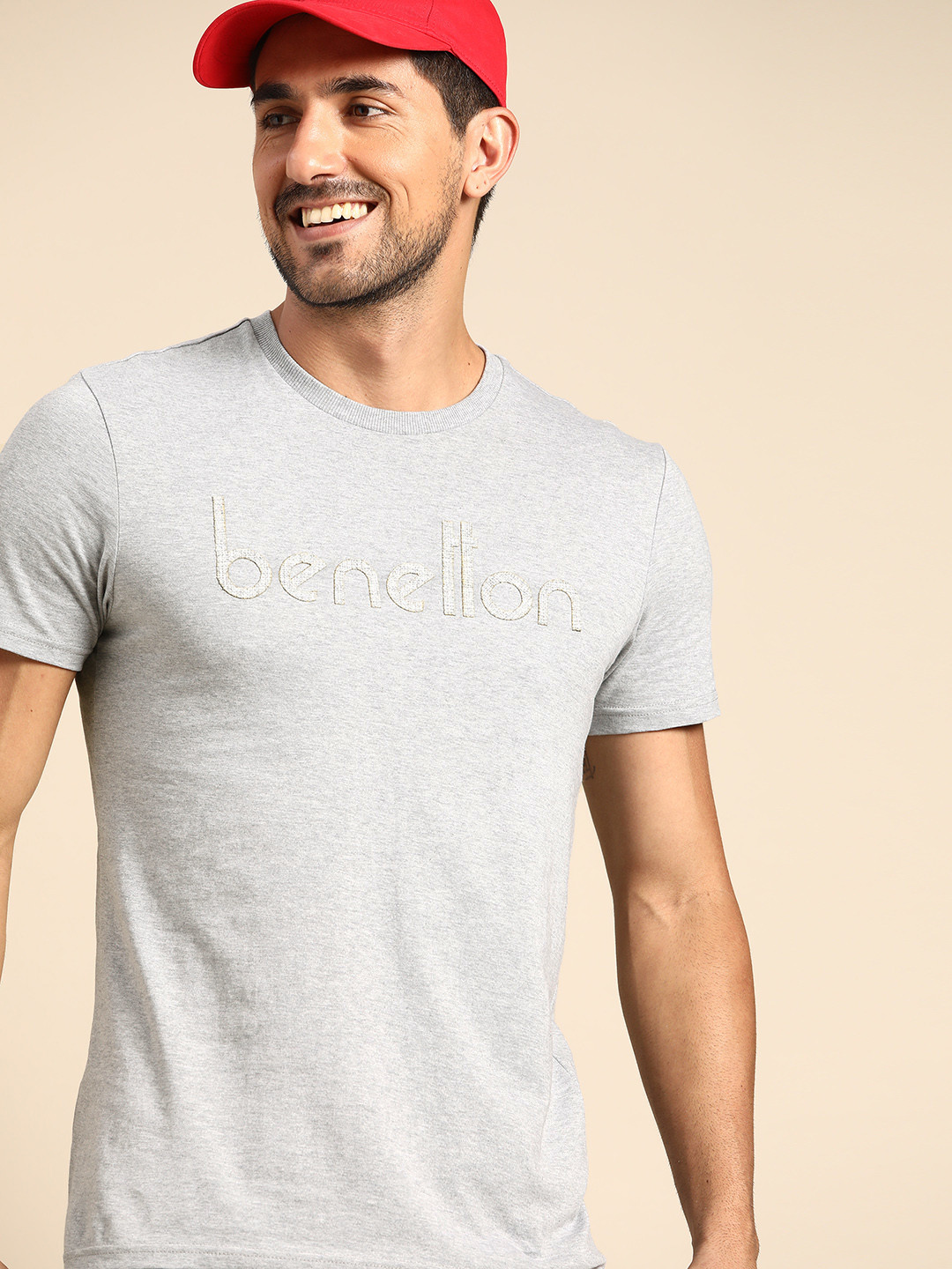 

United Colors of Benetton Men Grey Melange Pure Cotton Brand Logo Embossed Printed T-shirt