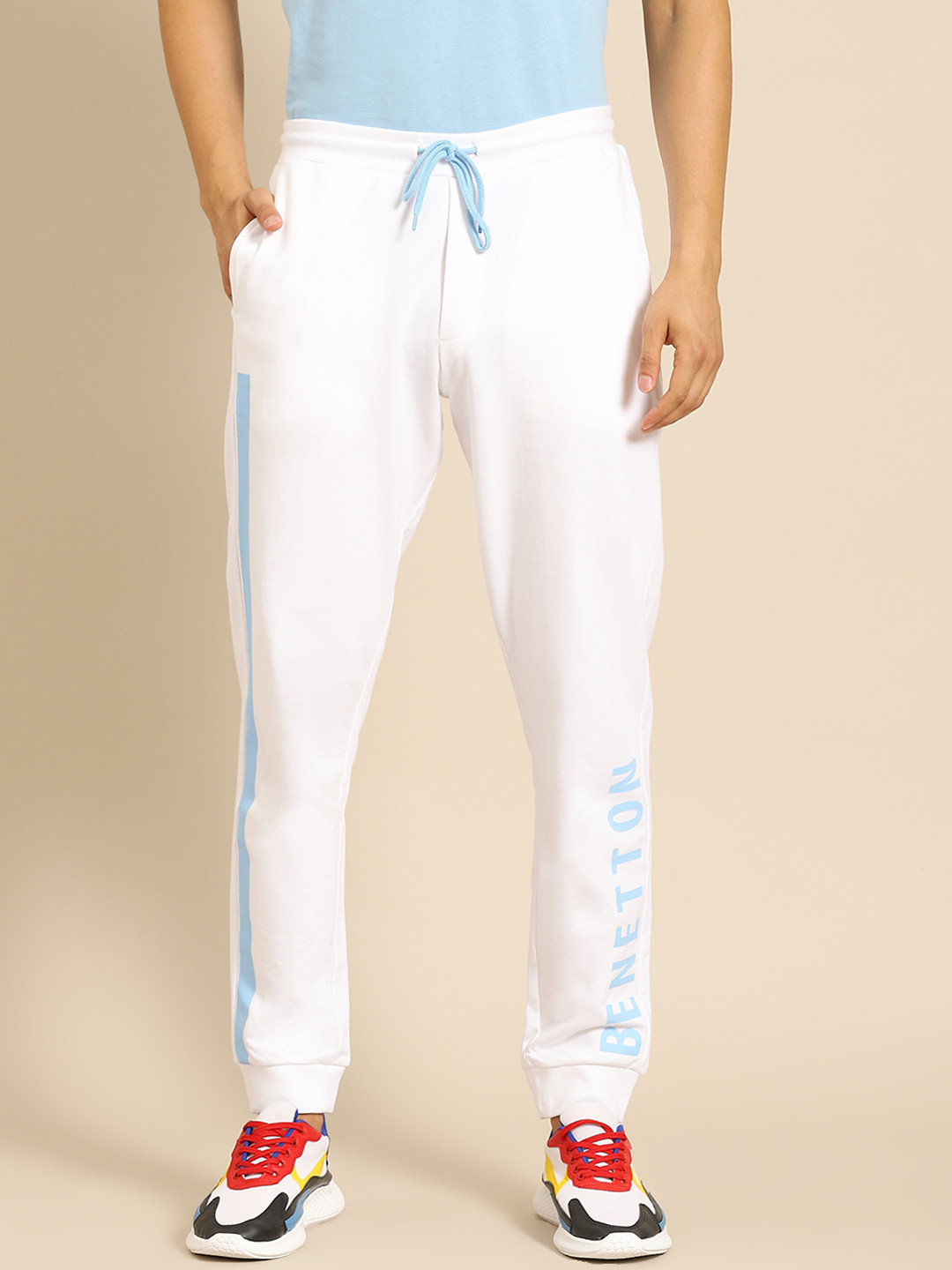 

United Colors of Benetton Men White Pure Cotton Brand Logo Side Print Joggers