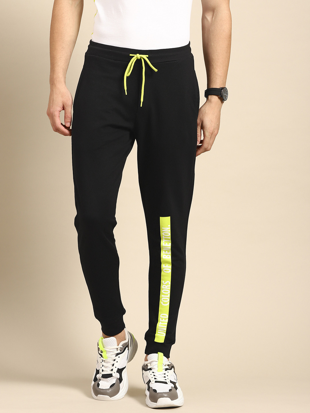 

United Colors of Benetton Men Black Brand Logo Detail Pure Cotton Joggers