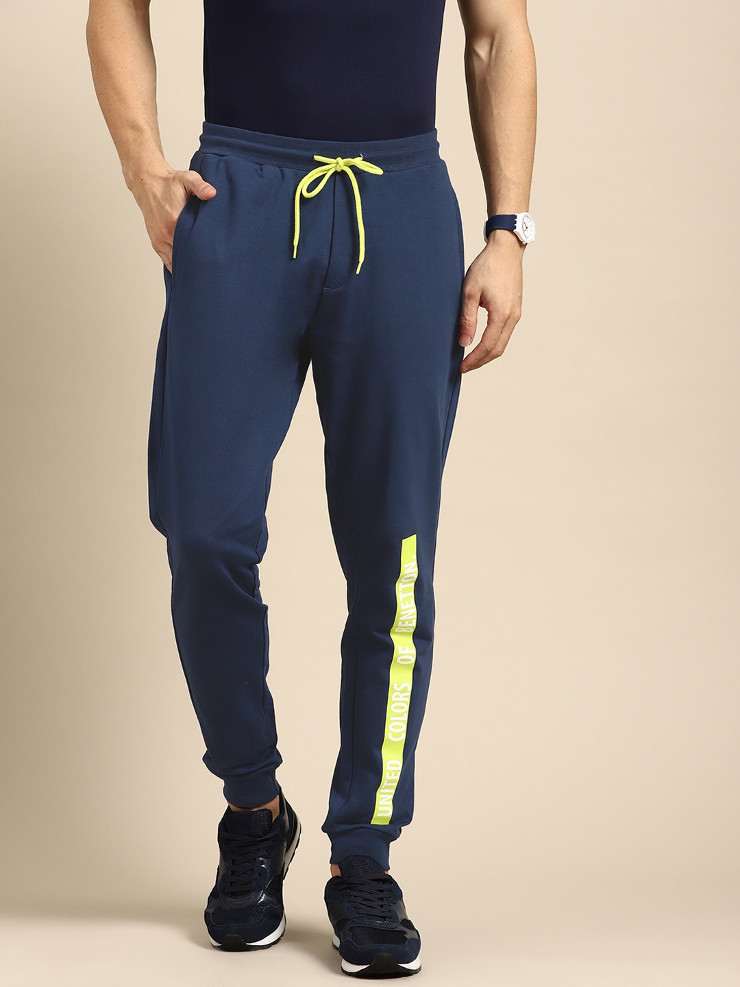 

United Colors of Benetton Men Teal Blue Brand Logo Detail Pure Cotton Joggers