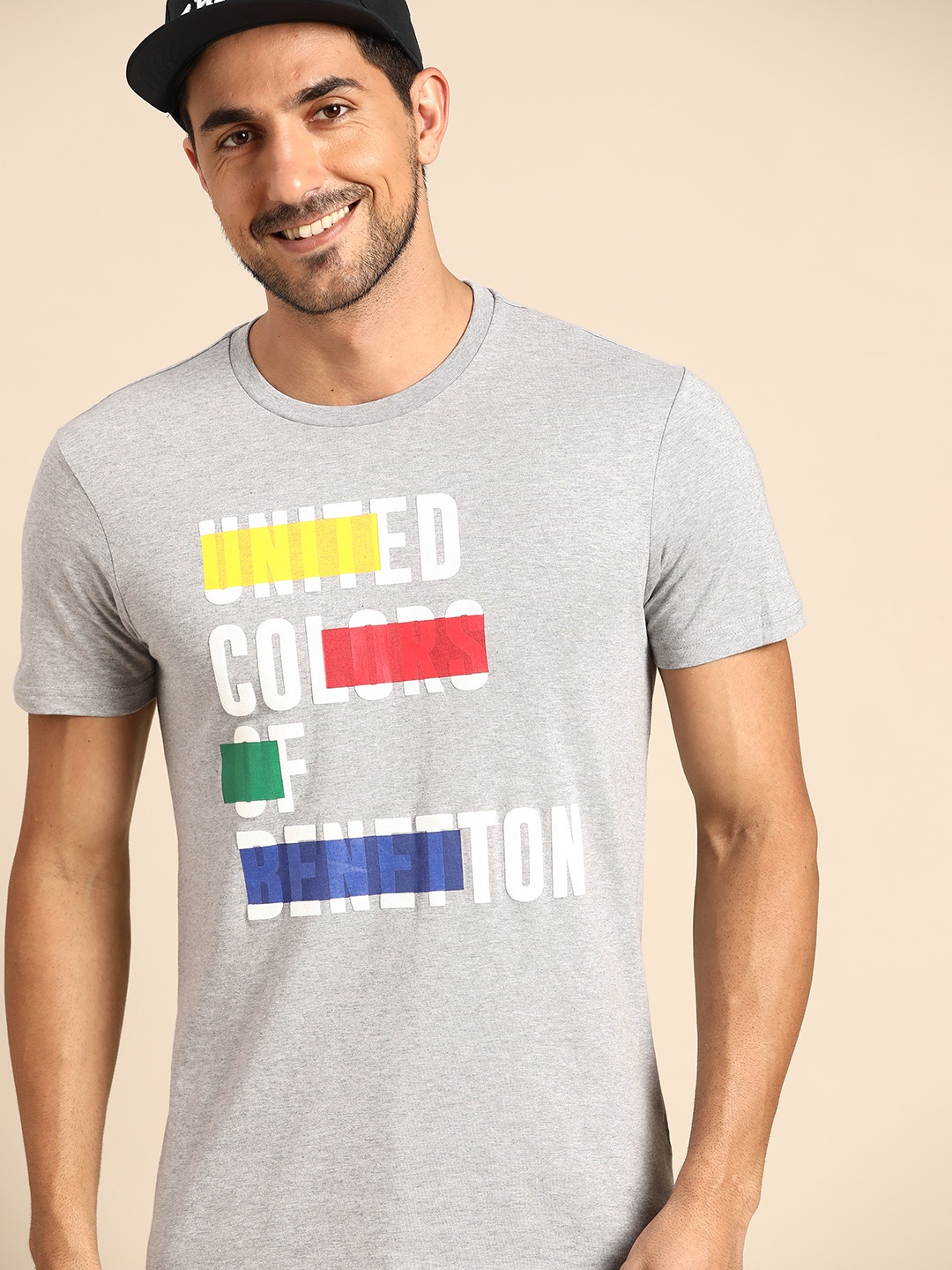 

United Colors of Benetton Men Grey Melange Brand Logo Printed Pure Cotton T-shirt