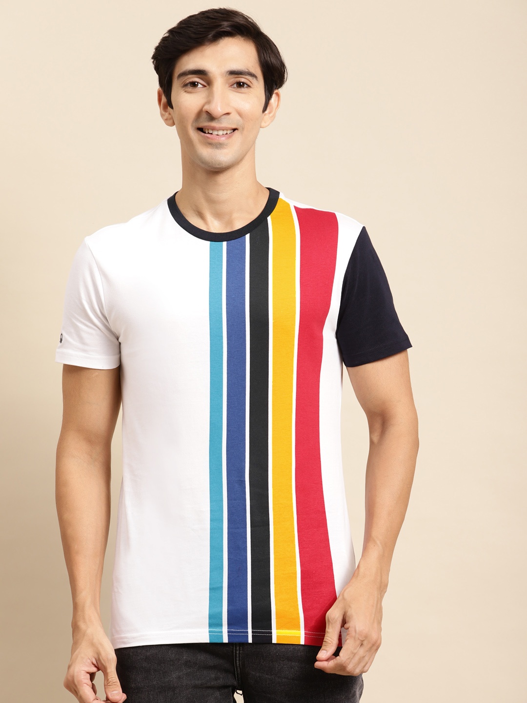 

United Colors of Benetton Men White & Yellow Striped Pure Cotton T-shirt