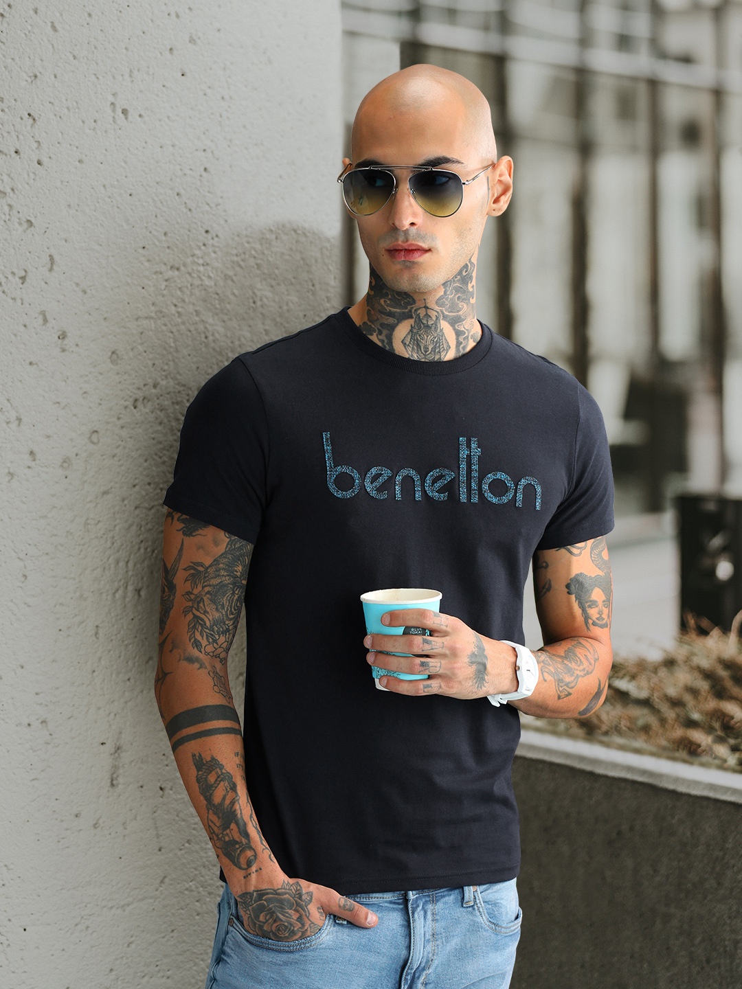 

United Colors of Benetton Men Navy Blue Brand Logo Printed Pure Cotton T-shirt