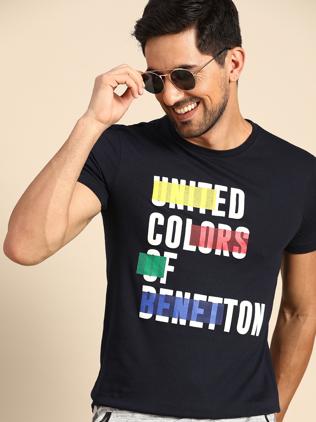 

United Colors of Benetton Men Navy Blue & White Brand Logo Printed Pure Cotton T-shirt