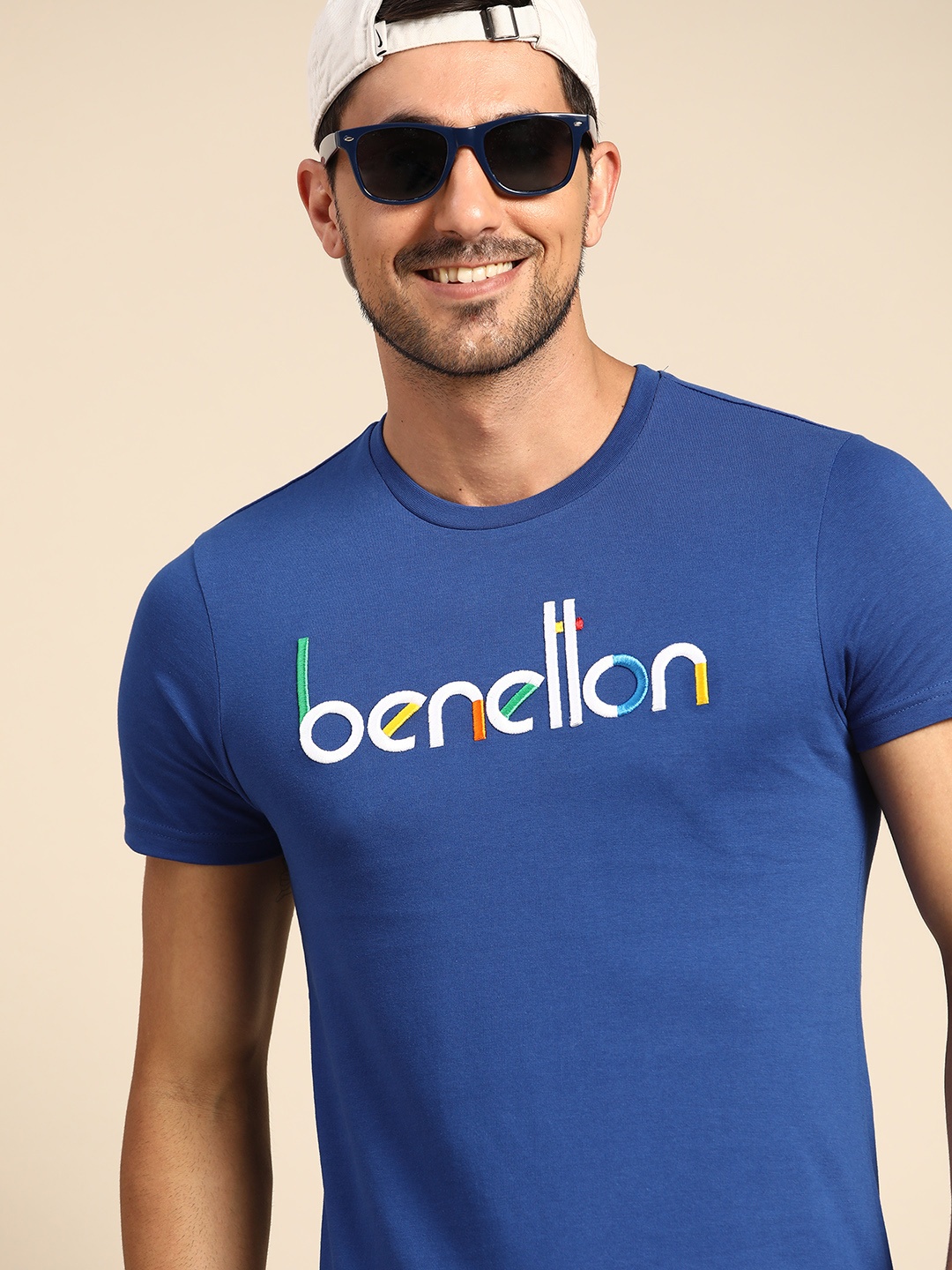 

United Colors of Benetton Men Blue Pure Cotton Embroidered Typography T-shirt