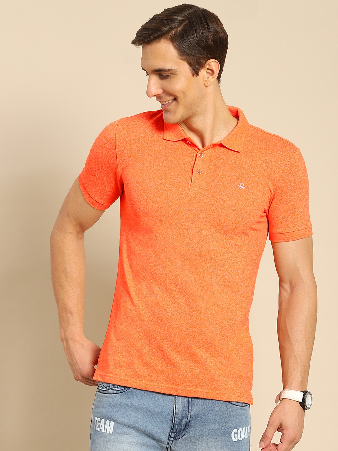 

United Colors of Benetton Men Orange Polo Collar T-shirt