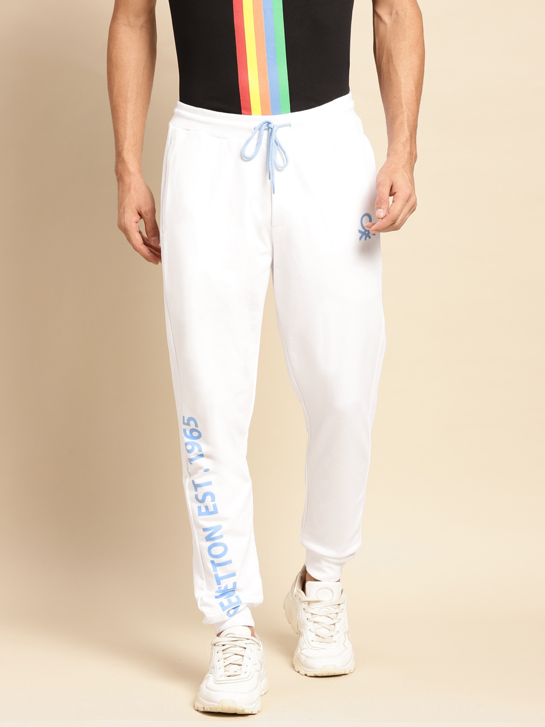 

United Colors of Benetton Men White Brand Logo Printed Pure Cotton Joggers