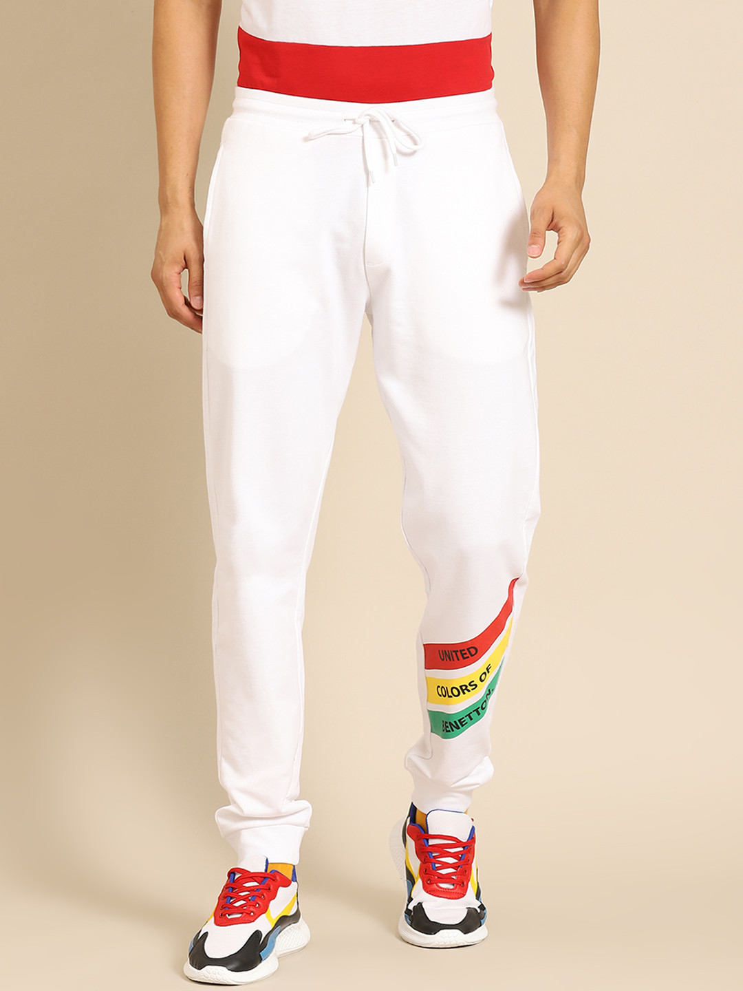 

United Colors of Benetton Men White Pure Cotton Brand Logo Side Print Joggers