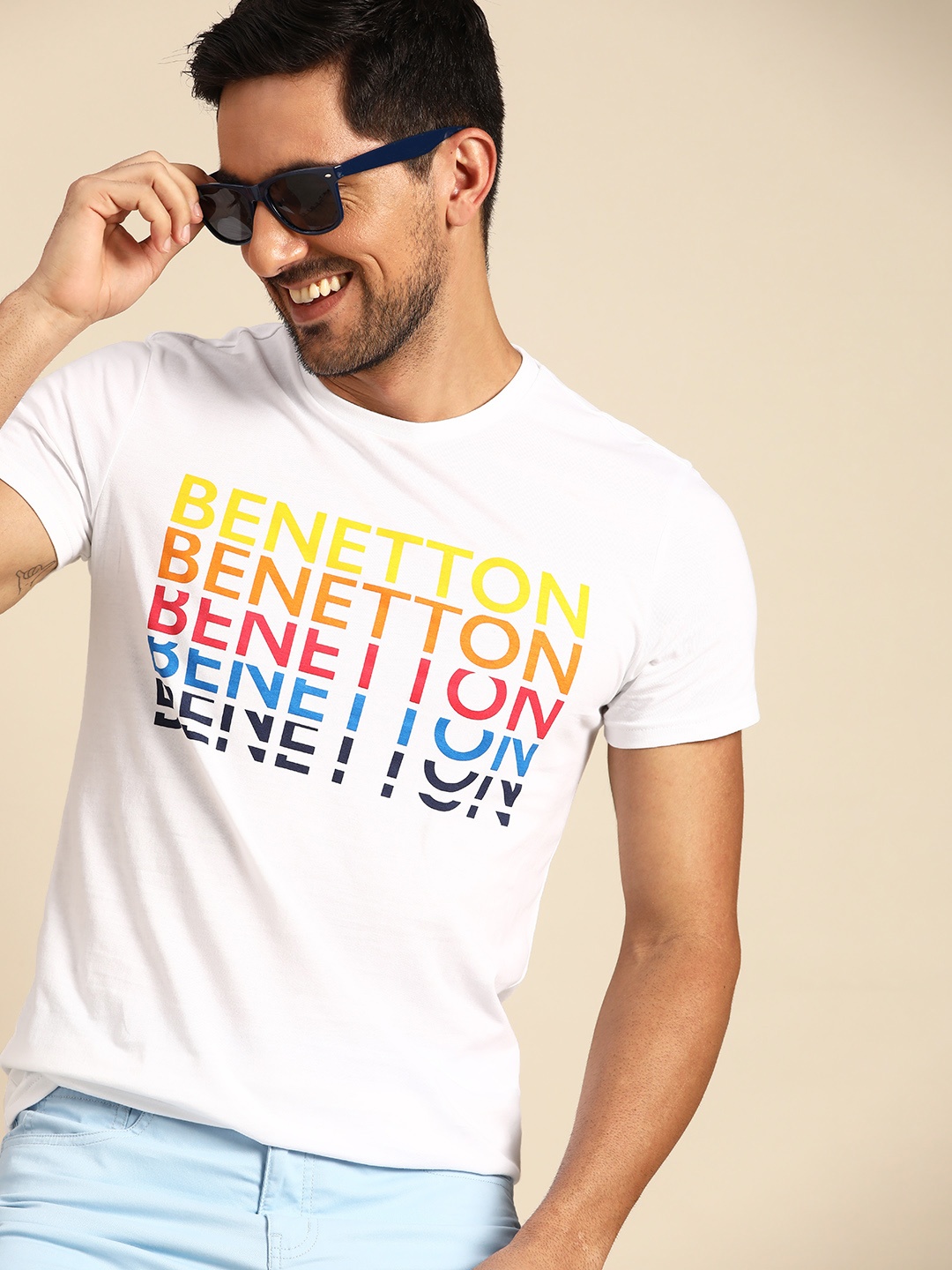 

United Colors of Benetton Men White & Red Pure Cotton Brand Logo Printed T-shirt