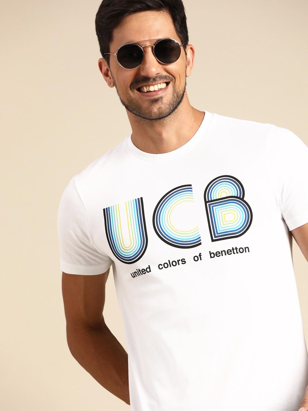 

United Colors of Benetton Men White & Black Brand Logo Printed Pure Cotton T-shirt