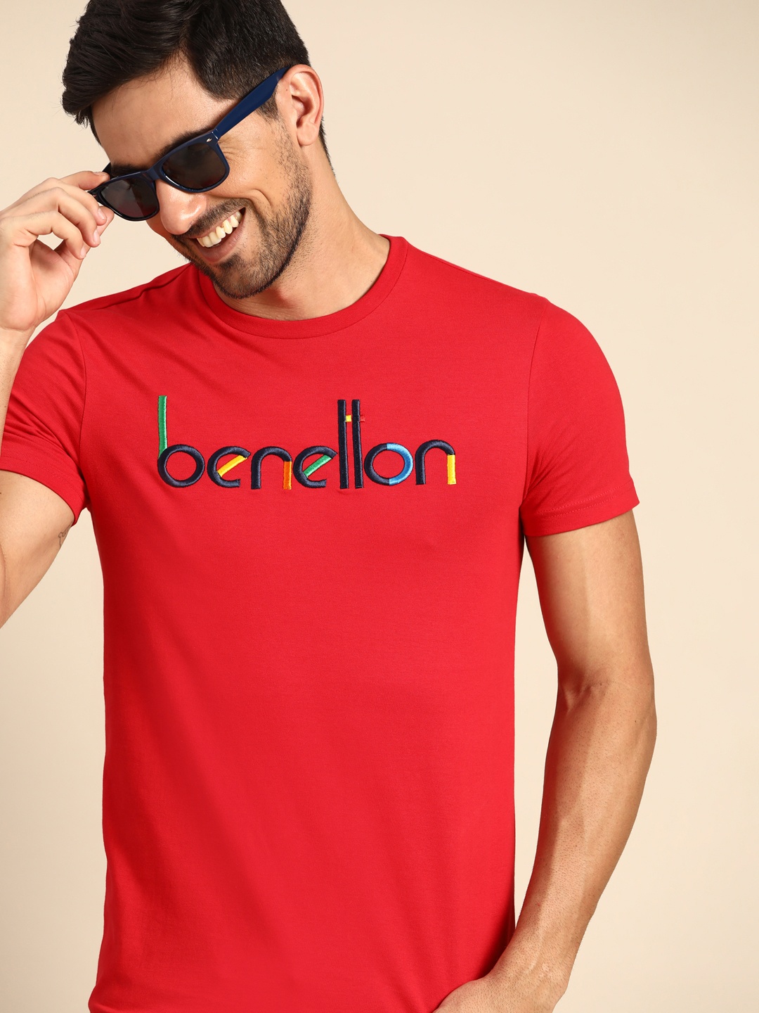 

United Colors of Benetton Men Red Pure Cotton Embroidered Typography T-shirt