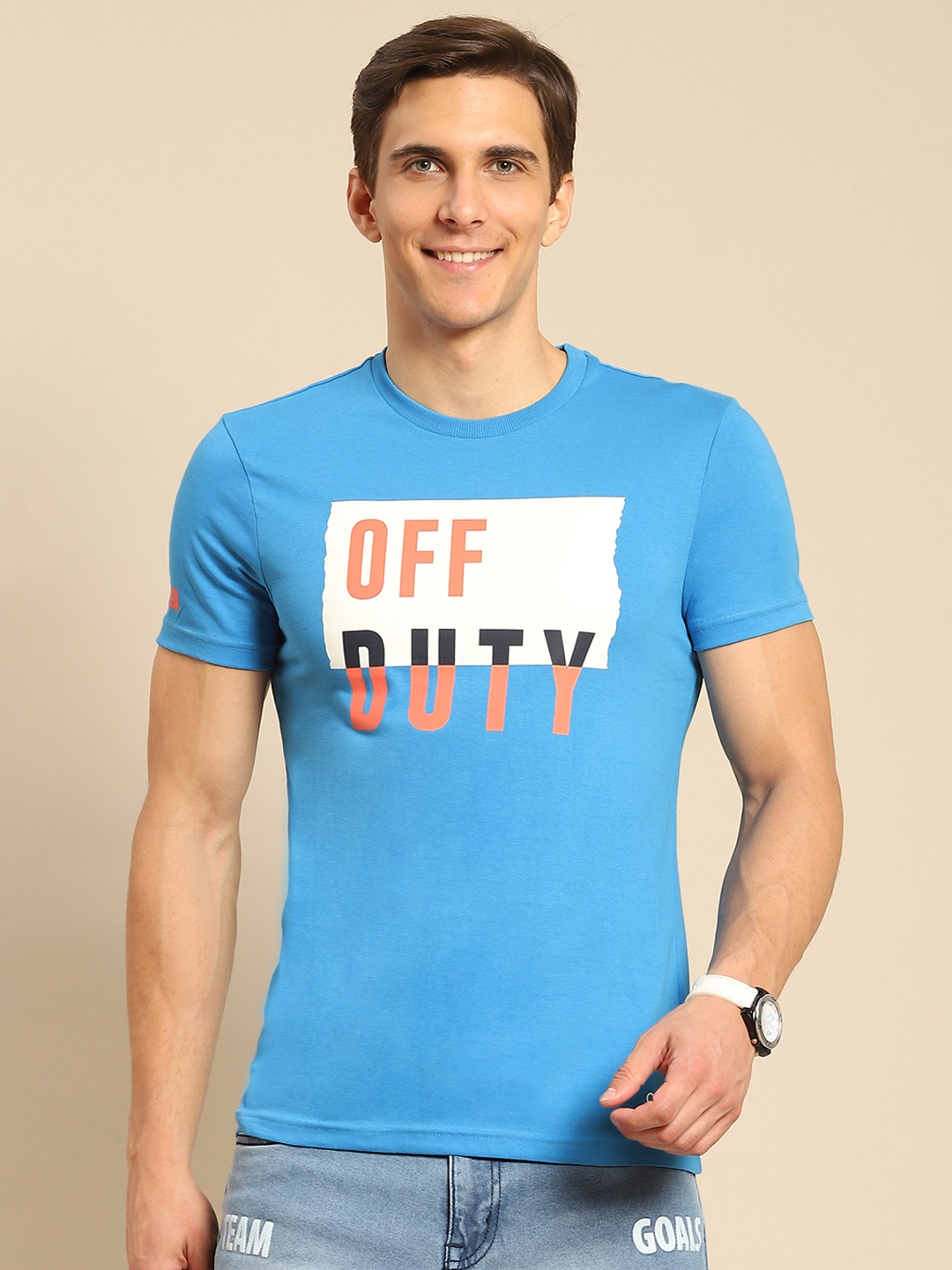 

United Colors of Benetton Men Blue & Orange Typography Printed Pure Cotton T-shirt