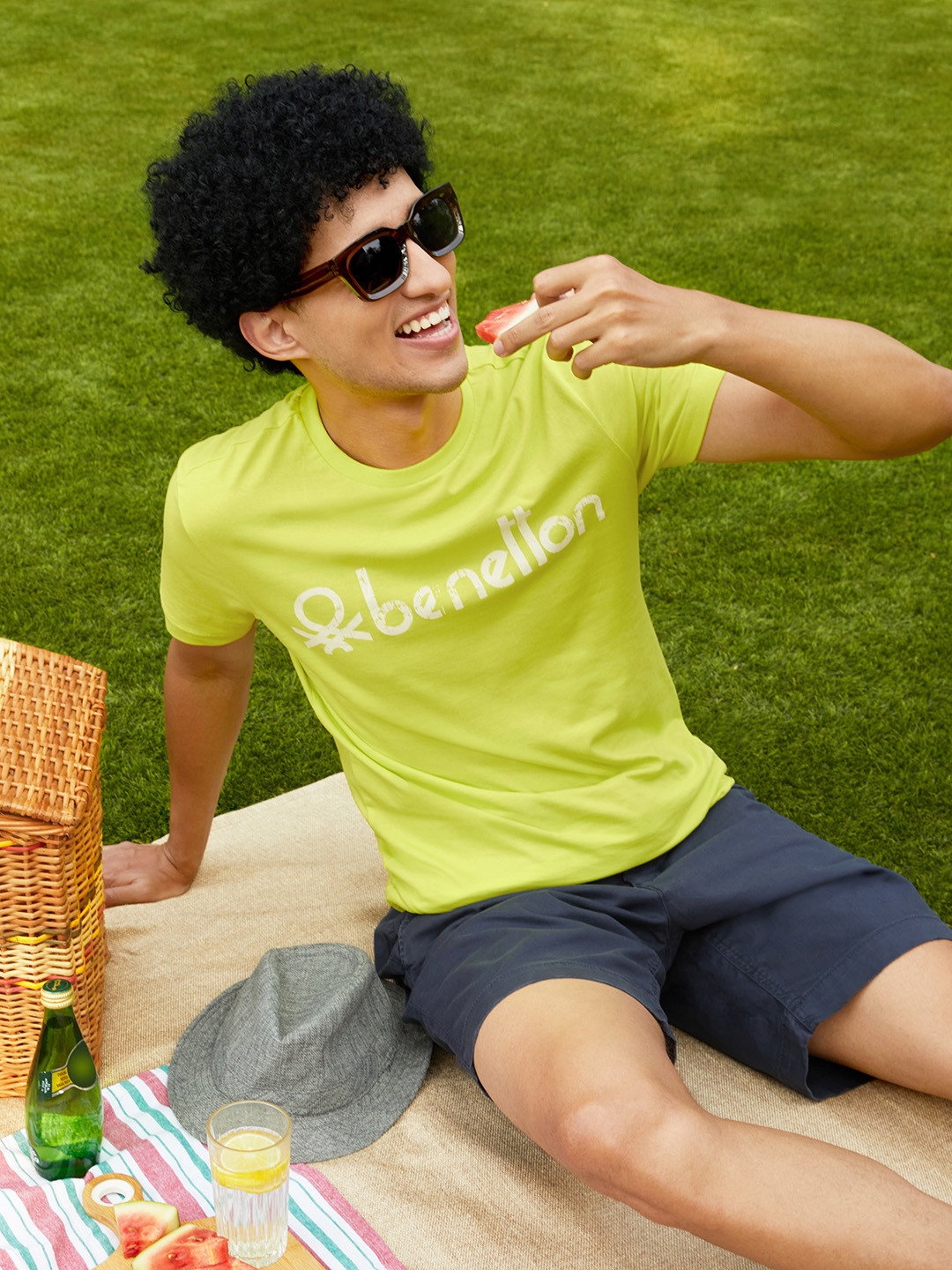 

United Colors of Benetton Men Fluorescent Green Pure Cotton Brand Logo Printed T-shirt