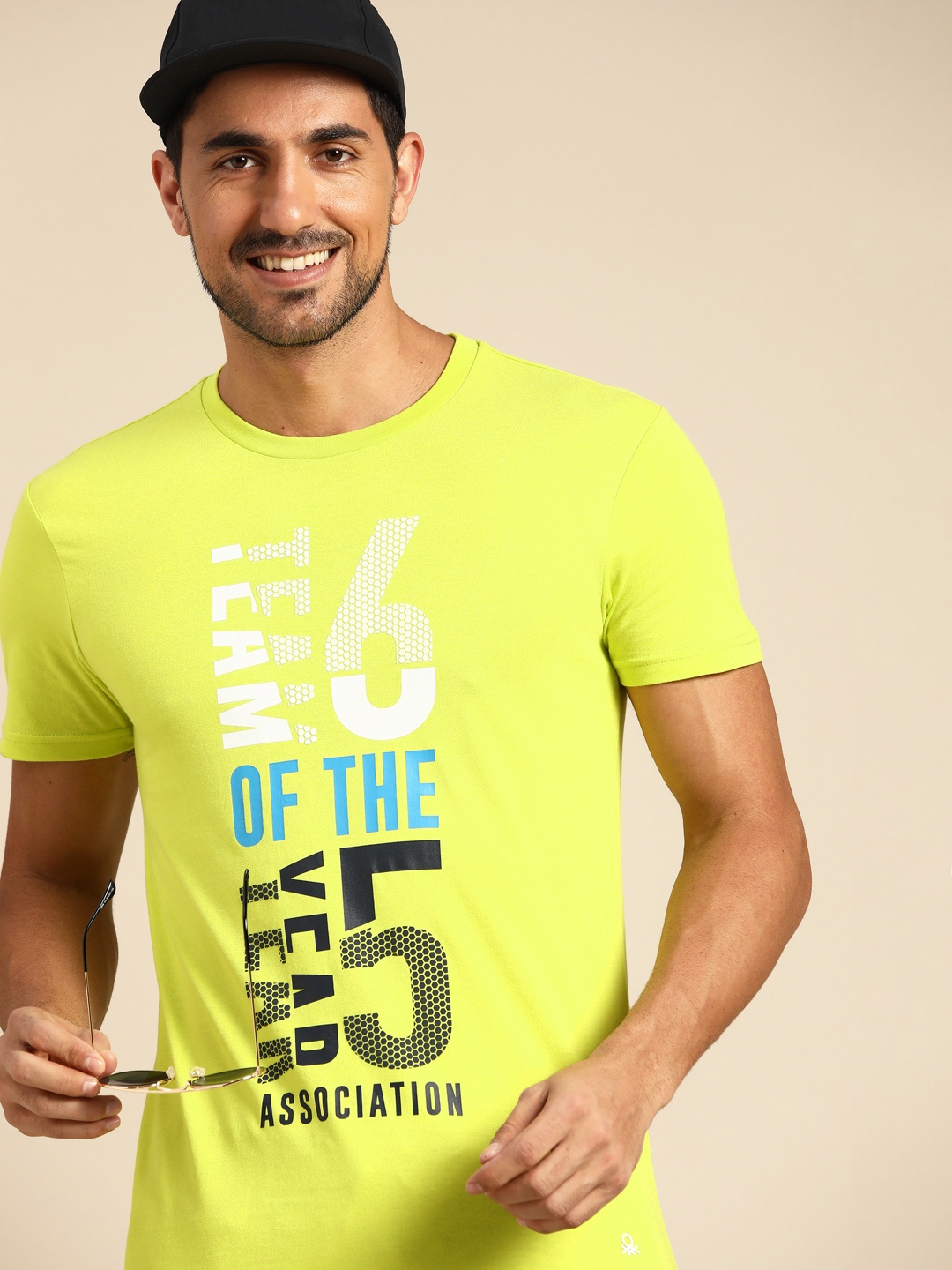 

United Colors of Benetton Men Fluorescent Green Typography Printed Pure Cotton T-shirt