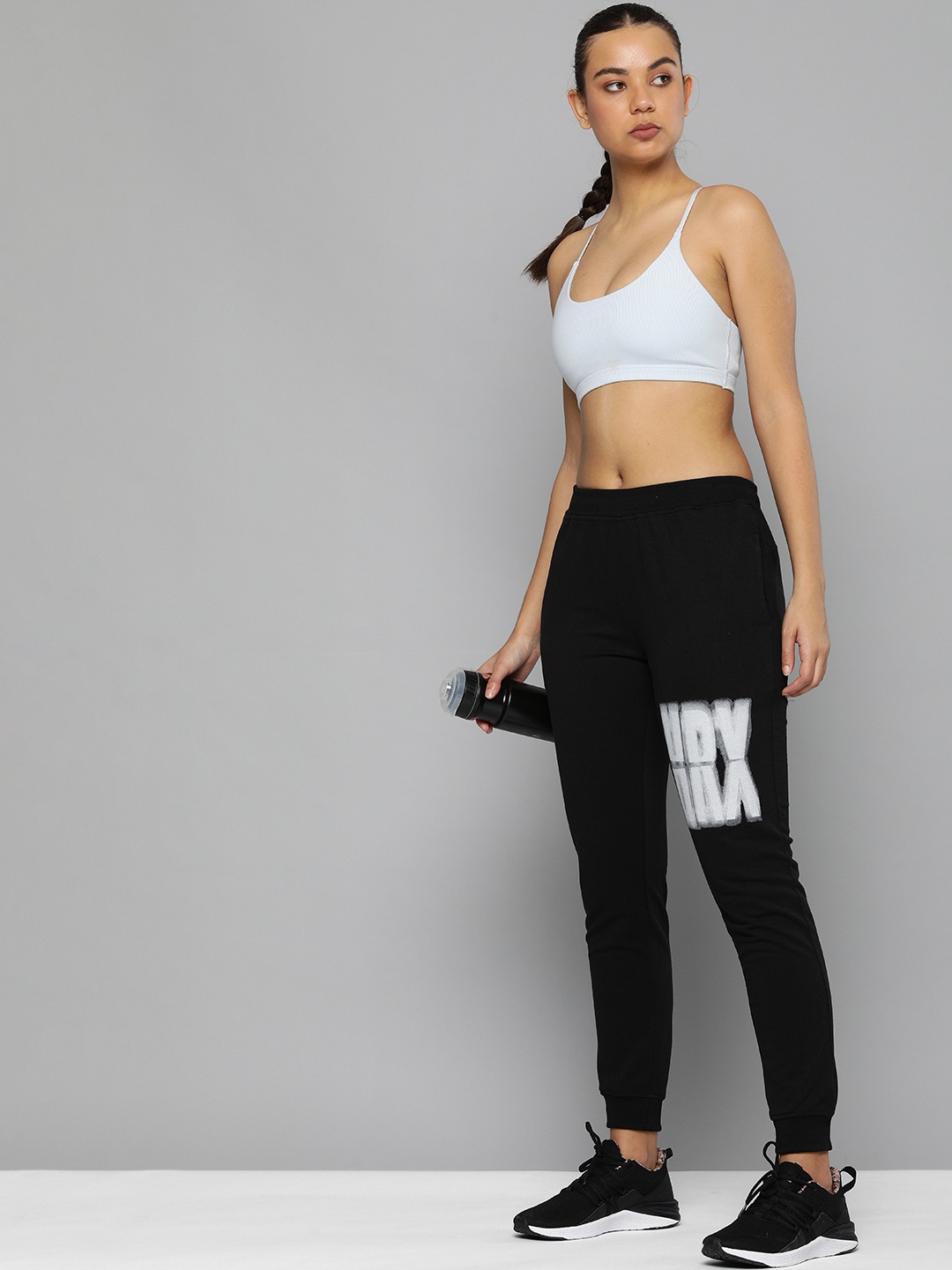 

HRX by Hrithik Roshan Women Black Brand Logo Printed Slim-Fit Joggers Track Pants