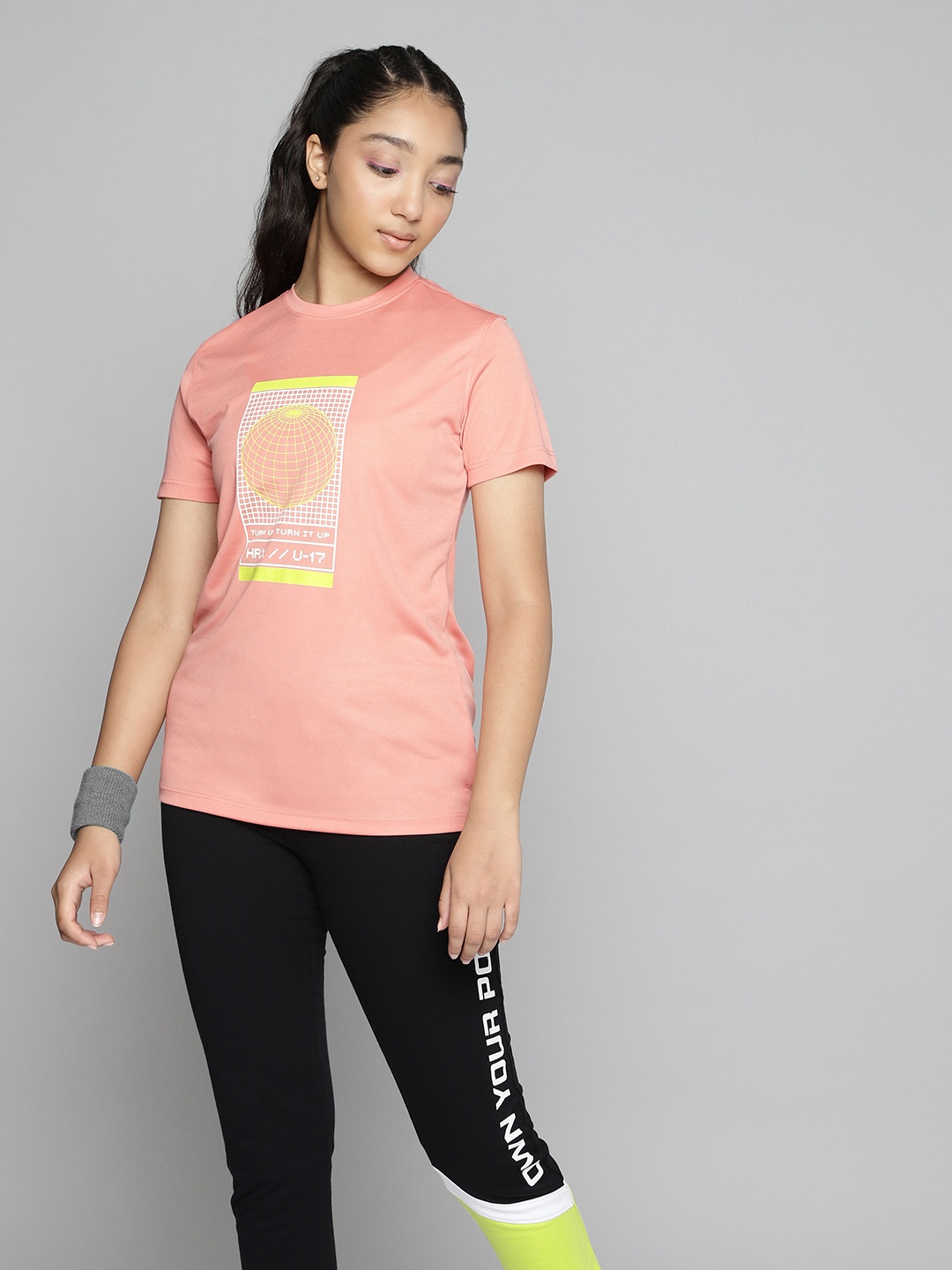

HRX By Hrithik Roshan U-17 Girls Peach Amber Rapid-Dry Typography Tshirts