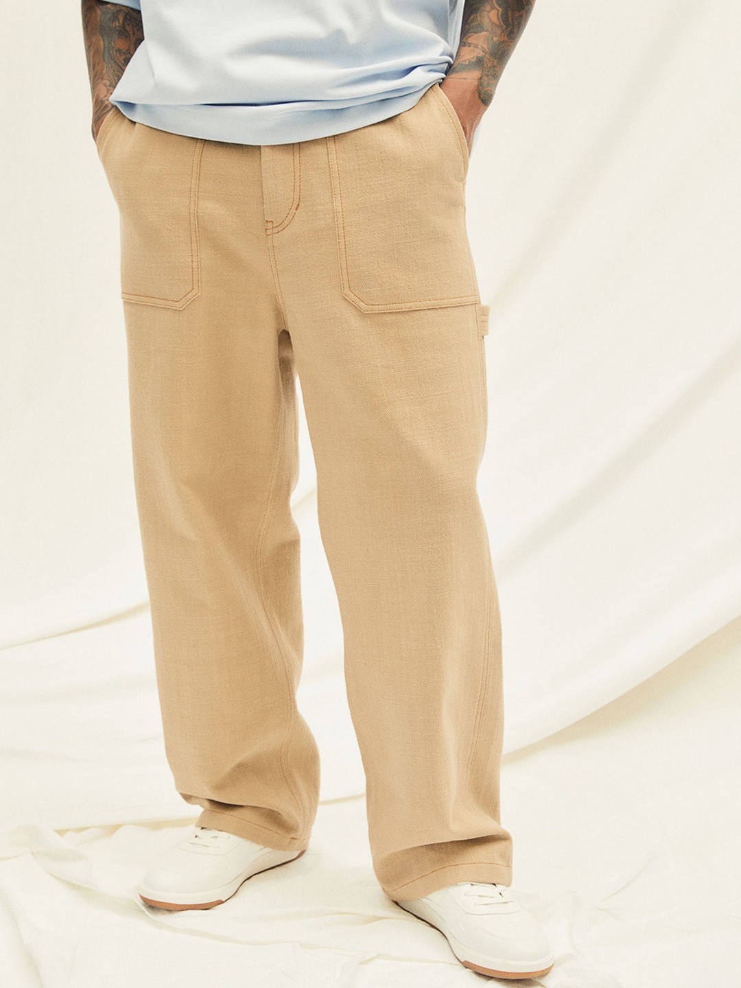 

H&M Men Beige Solid Regular Fit Cotton Twill Trousers