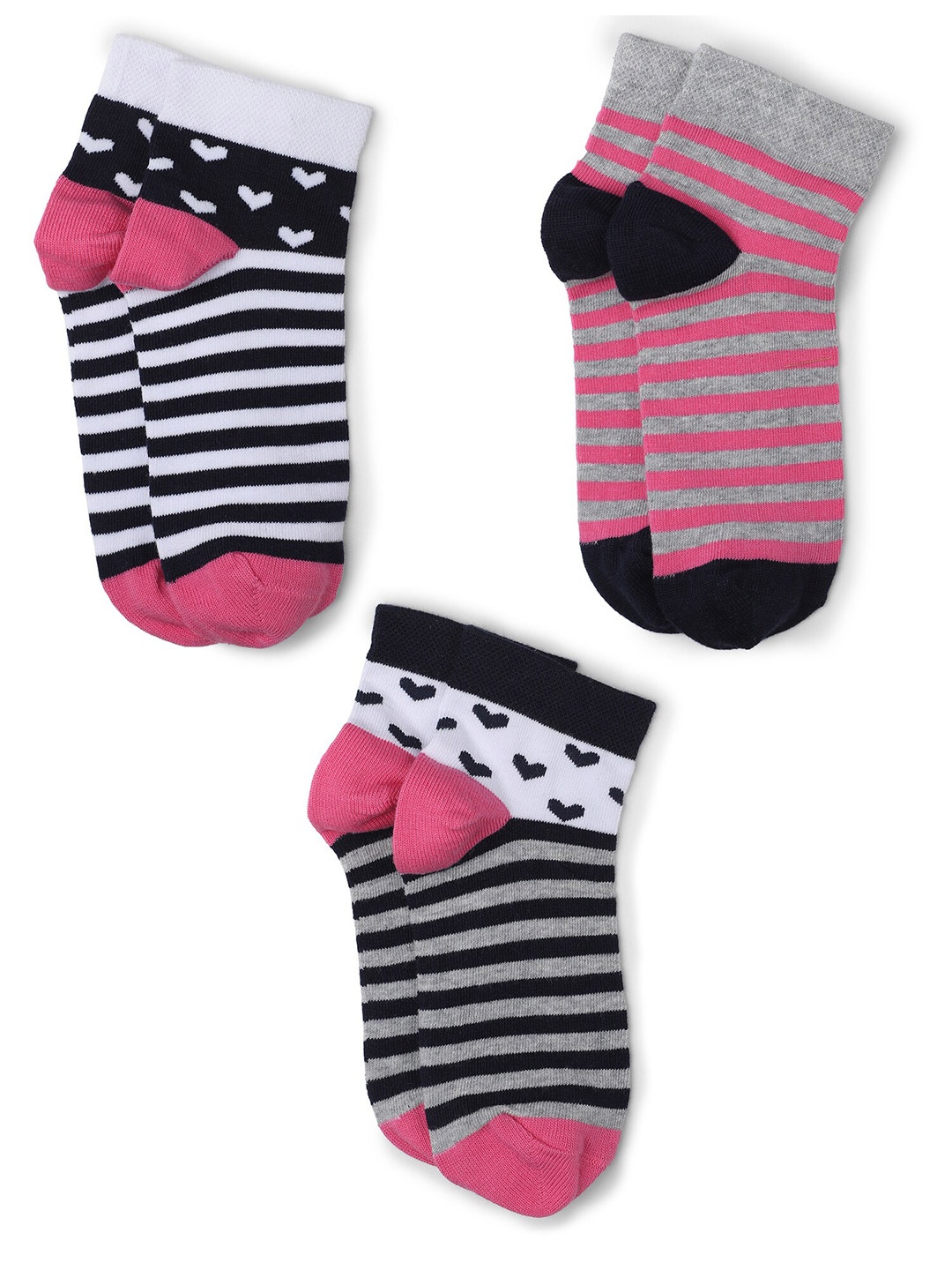

Bodycare Pack of 3 Pink & Grey Melange Striped Ankle-Length Socks