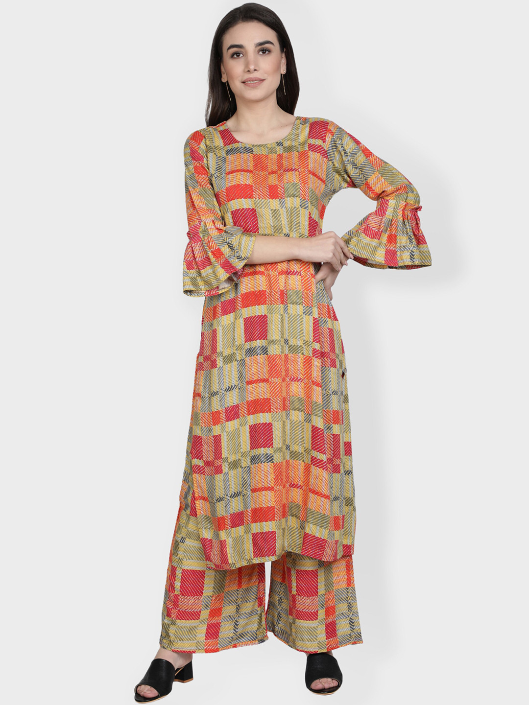 

Fabclub Women Beige Colourblocked Kurta with Palazzos
