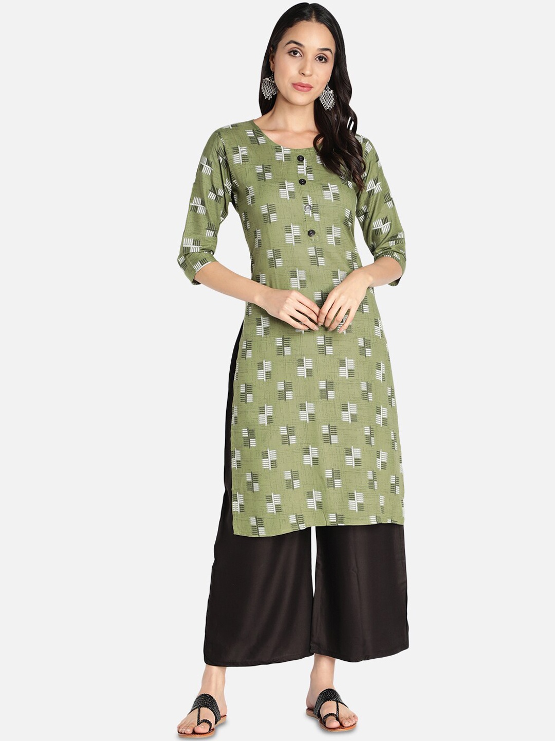 

Fabclub Women Olive Green & Black Printed Kurta with Palazzos