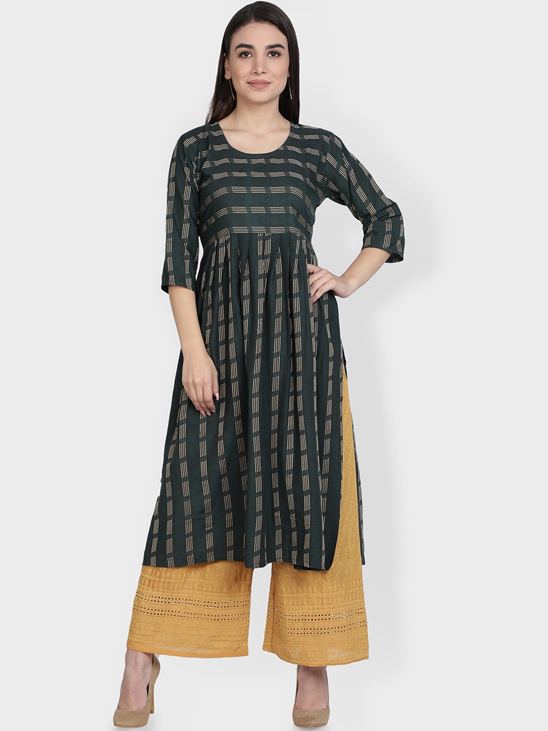 

Fabclub Women Green Printed Pleated Chikankari Kurta with Palazzos