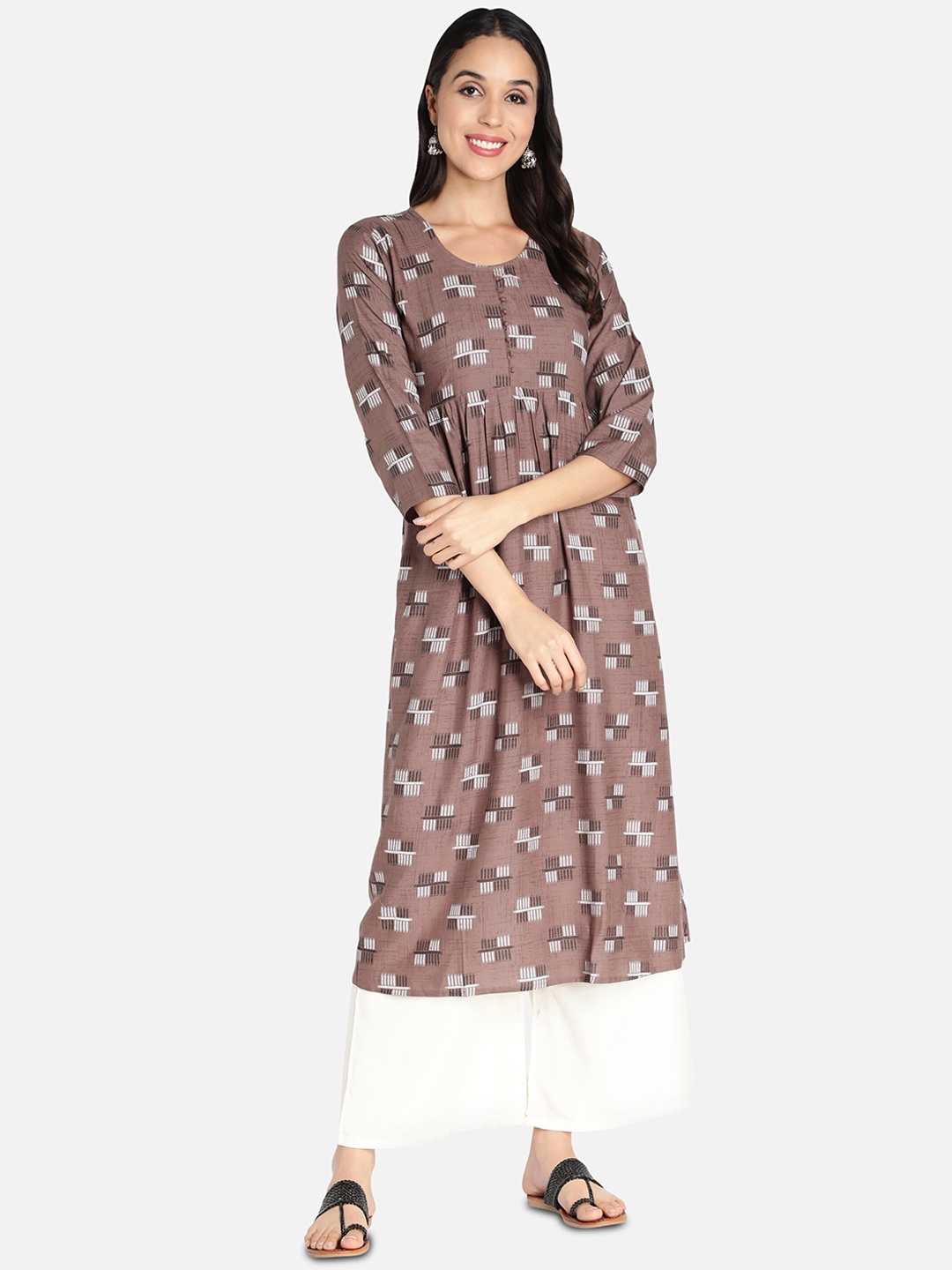 

Fabclub Women Brown & White Printed Kurta with Palazzos