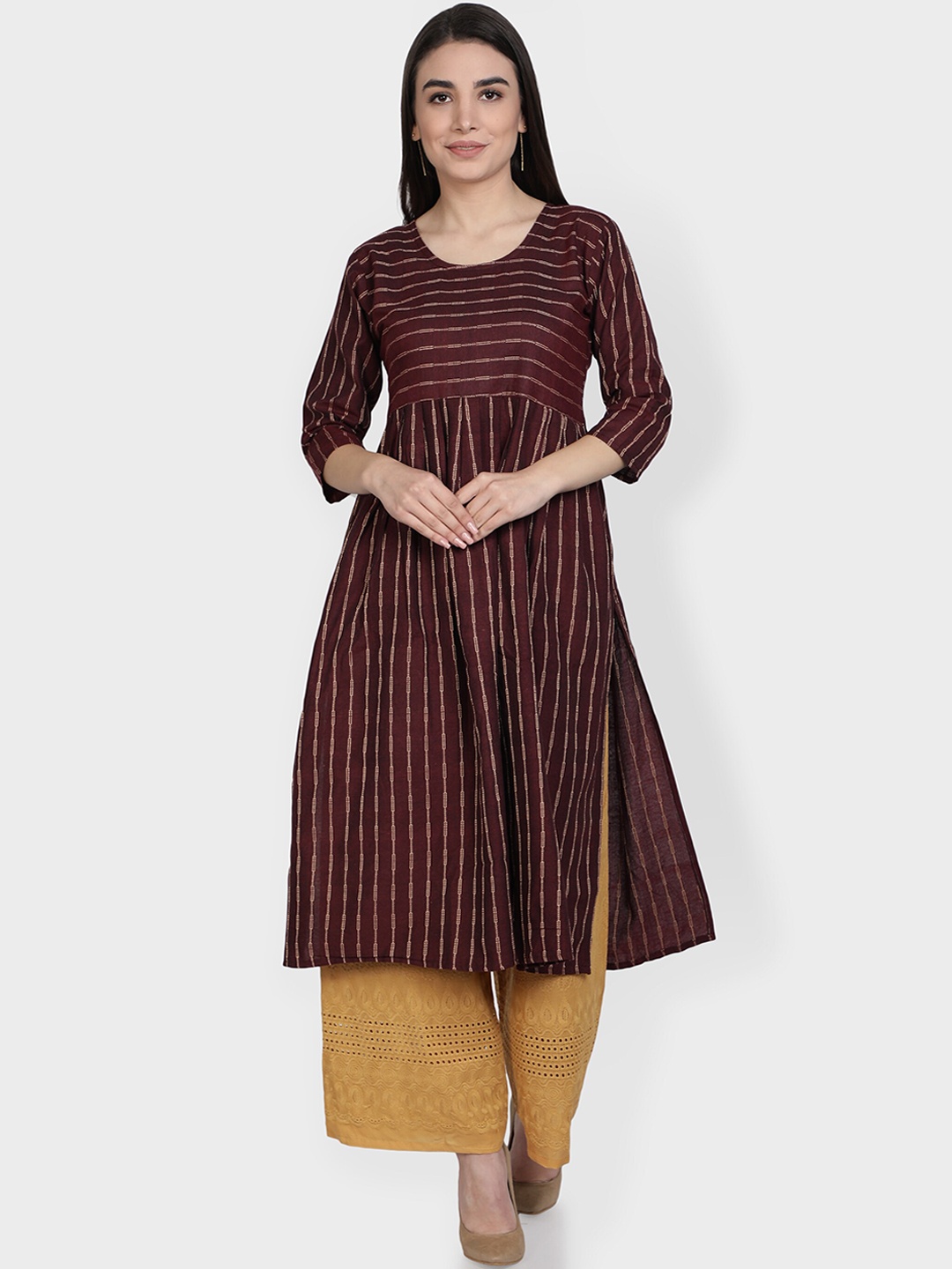 

Fabclub Women Burgundy Striped Empire Cotton Blend Kurta Set